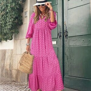 Pink Block Print Midi Dress
